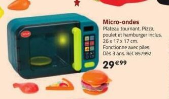 Micro-ondes Plateau tournant. Pizza, poulet et hamburger inclus. 26 x 17 x 17 cm. Fonctionne avec piles. Dès 3 ans. Réf. 857992  29 €99 