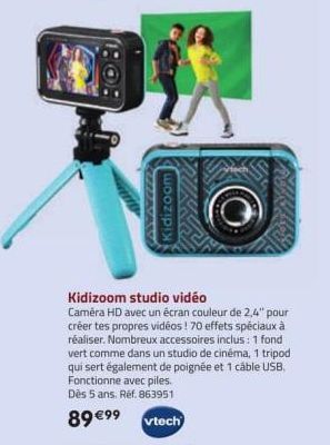 Kidizoom  Kidizoom studio vidéo  Caméra HD avec un écran couleur de 2,4" pour créer tes propres vidéos ! 70 effets spéciaux à réaliser. Nombreux accessoires inclus: 1 fond vert comme dans un studio de