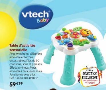 vtech Baby  Table d'activités sensorielle  Avec xylophone, téléphone amovible et formes encastrables. Plus de 90  chansons, sons et phrases. Effets lumineux. Pieds amovibles pour jouer assis. Fonction