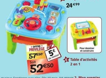 OFFRE  PRIVILEGE  57505€  de remise  Soit  52 €50  Pour dessiner et construire  Table d'activités 2 en 1 