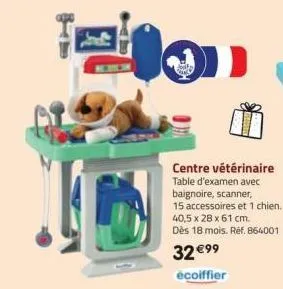centre vétérinaire table d'examen avec baignoire, scanner, 15 accessoires et 1 chien. 40,5 x 28 x 61 cm. dès 18 mois. réf. 864001  32 €9⁹ ecoiffier 