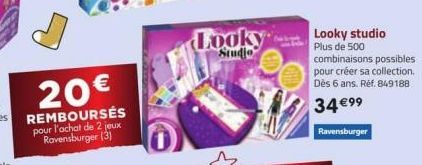 pour l'achat de 2 jeux Ravensburger (3)  Looky  Studio  Looky studio  Plus de 500 combinaisons possibles pour créer sa collection. Dès 6 ans. Ref. 849188  34 €⁹⁹  Ravensburger 