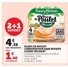 2+1  OFFERT  4.38  LES 3 PRODUITS  SOIT  ,46  LE PRODUIT  4  Le kg: 16,85€  Le kg des 3: 11,23 €  Fleury Michon de Poulet  100% Filet  CONSERNATION  SANS NITRITE  BLANC DE POULET  CONSERVATION SANS NI