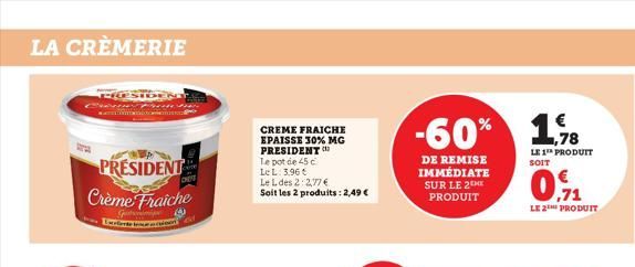 LA CRÈMERIE  PRESIDENT  Crème Fraiche  3  G Excelente  in  CHEY  CREME FRAICHE EPAISSE 30% MG PRESIDENT  Le pot de 45 c  Le L: 3.96 €  Le L des 2:2,77 €  Soit les 2 produits: 2,49 €  -60%  DE REMISE I