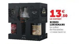 S  €  13,50  LE COFFRET BIERES LINDEMANS Le coffret de 4 bouteilles +1 verre (soit 1 L) 