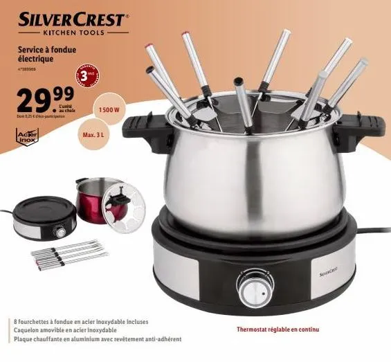 silvercrest  kitchen tools  service à fondue électrique  יה  299⁹⁹9⁹  au chola  acier inox  8 fourchettes à fondue en acier inoxydable incluses caquelon amovible en acier inoxydable  plaque chauffante