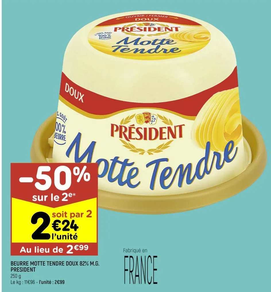 beurre motte tendre doux 82% m.g. président
