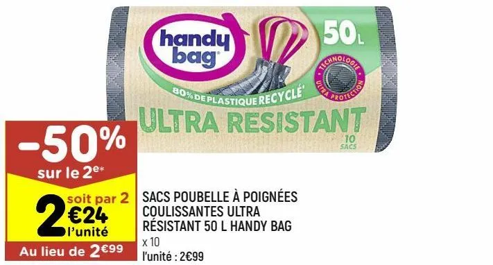 sacs poubelles à poignées coulissants ultra resistant 50 l handy bag