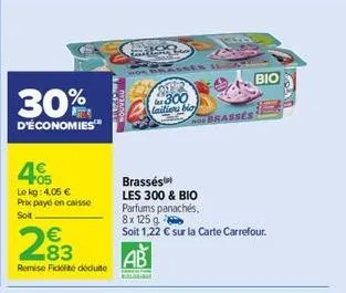 30%  d'économies  405  le kg: 4,05 € prix payé en caisse  sot  283  remise ficklité déduite  1980  ab  l  300 laition blo  brasses)  les 300 & bio parfums panachés.  8x 125 g  soit 1,22 € sur la carte