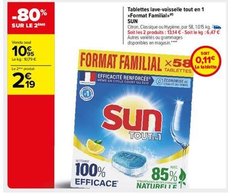 -80%  SUR LE 2 ME  Vendu seul  109  Lo kg: 1079 €  Le 2 produt  299  19  METTONE  100% EFFICACE  Tablettes lave-vaisselle tout en 1  <<Format Familial >>  SUN  Citron, Classique ou Hygiène, par 58, 10