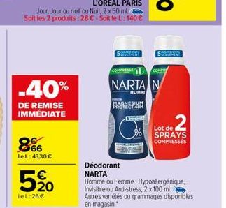 Jour, Jour ou nuit ou Nuit, 2 x 50 ml. Soit les 2 produits : 28 € - Soit le L: 140 €  .40%  DE REMISE IMMÉDIATE  8%  Le L: 43,30 €  520  €  Le L:26 €  MAGNESIUM PROTECT 4H  NARTA N  HOMME  2  Lot o t 