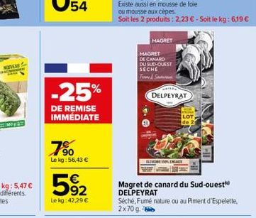 NOUVEAU  May 2  -25%  DE REMISE IMMÉDIATE  700  Le kg:56,43 €  592  Le kg: 42,29 €  ou mousse aux cèpes  Soit les 2 produits : 2,23 € - Soit le kg: 6,19 €  MAGRET  MAGRET  DE CANARD DU SUD-OUEST SECHE