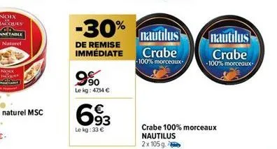 noix  90 lekg: 4714 €  693  €  le kg: 33 €  -30% nautilus  de remise  immédiate  crabe  -100% morceaux  nautilus  crabe  -100% morceaux  crabe 100% morceaux nautilus  2 x 105 g. 