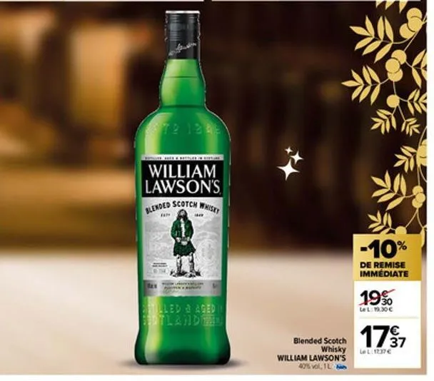 bay  st2 1845  william  lawson's blended scotch whisky  fat  setilled & aged in sedtlandenu  william lawson's 40% vol, 1l  -10%  de remise immédiate  19%  le l:12.30 €  blended scotch whisky le  1797 