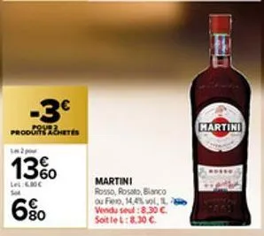 -3€  pour 2  produits achetés  13%  lel: boc  80  martini rosso, rosato, blanco ou fien, 14,4% vol, vendu seul :8.30 €. soit le l: 8,30 €.  hartini 