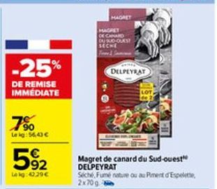 -25%  DE REMISE IMMÉDIATE  7%  Le kg: 56.43 €  92  Lekg: 42.29€  MAGRET DE CANARD DU SUD-OUEST SECHE Food S  DELPEYRAT 