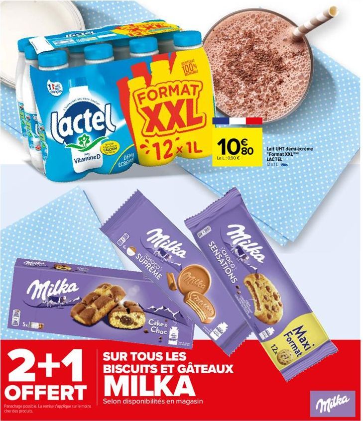 Fall & 4  22  13  fancis  REARRANS  M  Milka  was  lactel XXL  FORMAT  IML  Vitamine D  Panachage possible. La remise s'applique sur le moins cher des produits.  CALCIUM  DEMI ECREME  ROUTER  100%  RE