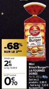 -68%  SUR LE 2 ME  Vendu soul  Le kg: 10.95 €  Le 2 produ  0%0  Fournee  dow  10 Mini Brick  Burger  Mini  Brioch'Burger LA FOURNÉE DOREE Par 10, 200 g. Soit les 2 