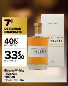 7€  de remise immédiate  40%0  le l: 5757 €  330  €  le l: 47,57 €  blended whisky taïwanais yushan 40% vol, 70 cl -  ee walt which  yushin  es walt whisky  yushan 