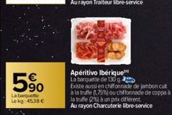 5%  La barquette Le kg: 45,38 €  Apéritivo Ibérique La barquette de 130 g  Existe aussi en chiffonnade de jambon cut à la truffe (1,75%) ou chiffonnade de coppa à  la truffe %) à un prix différent.  A