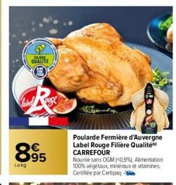 FRERE  QUALITE  895  Lekg  Poularde Fermière d'Auvergne Label Rouge Filière Qualité CARREFOUR  Nourrie sans OGM (<0,9%). Alimentation 100% végétaux, minéraux et vitamines Certifiée par Certipaq 