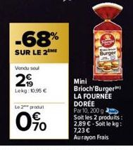 -68%  SUR LE 2 ME  Vendu seul  2  Lokg: 10,95 €  Le 2 produit  0%  Burger  Mini Brioch'Burger LA FOURNÉE DORÉE Par 10, 200 g Soit les 2 produits:  2,89 € - Soit le kg:  7,23 € Aurayon Frais 