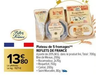 reflets france  13%  le plateau le kg: 1971 €  plateau de 5 fromages  reflets de france  roquefort  a partir de 20% m.g. dans le produit fini, total: 700g brie de meaux, 200g rocamadour, 2x70g + roque