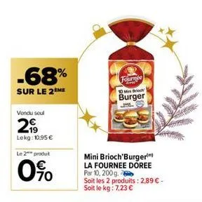 -68%  sur le 2ème  vendu seul  299  lekg: 10,95 €  le 2 produt  0%  fournée  10 mini bric burger  mini brioch'burger la fournee doree par 10, 200 g.  soit les 2 produits: 2,89 € - soit le kg: 7,23 €  