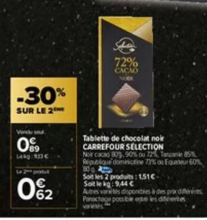 -30%  sur le 2 me  vonde soul  0%  lekg: 133€  produt  0%2  €  72%  cacao  tablette de chocolat noir carrefour selection  noir cacao 80%, 90% ou 72%, tanzanie 85%  république dominicaine 73% ou quer 6