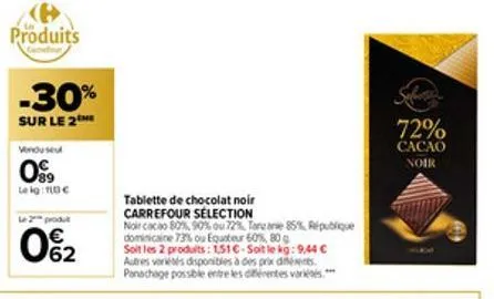produits  -30%  sur le 2  venduse  099  le kg: 110 €  le 2 produt  02  tablette de chocolat noir  carrefour selection  noir cacao 80% 90% ou 72% tanzanie 85%, république  dominicaine 73% ou equateur 6