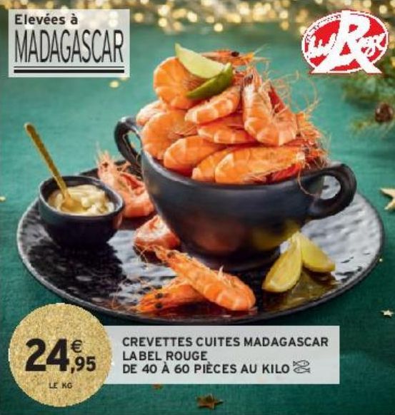 CREVETTES CUITES MADAGASCAR LABEL ROUGE DE 40 À 60 PIÈCES AU KILO