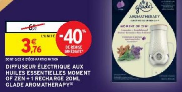 DIFFUSEUR ÉLECTRIQUE AUX HUILES ESSENTIELLES MOMENT OF ZEN + 1 RECHARGE 20ML GLADE AROMATHERAPY