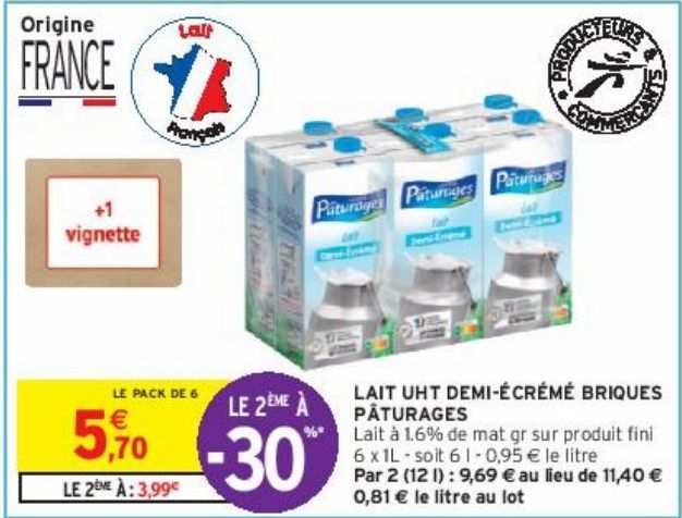 LAIT UHT DEMI-ÉCRÉMÉ BRIQUES PÂTURAGES