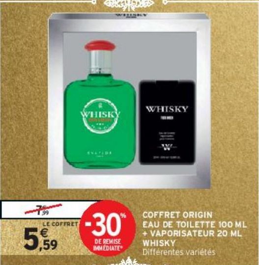 COFFRET ORIGIN EAU DE TOILETTE 100 ML + VAPORISATEUR 20 ML WHISKY