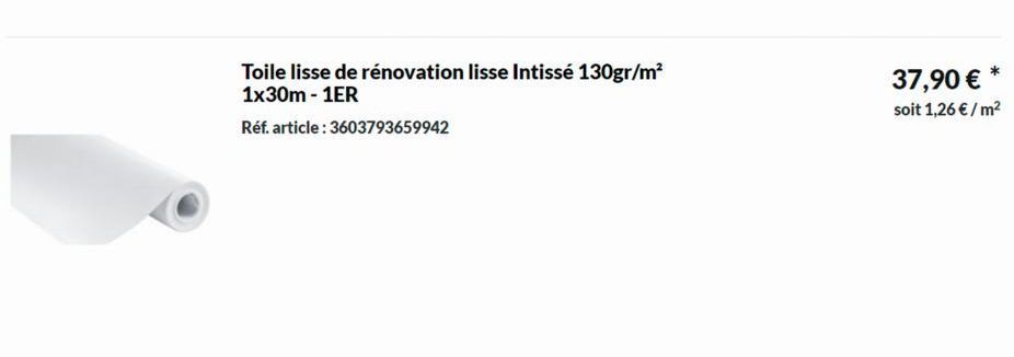 Toile lisse de rénovation lisse Intissé 130gr/m² 1x30m - 1ER  Réf. article: 3603793659942  37,90 € * soit 1,26 € / m² 