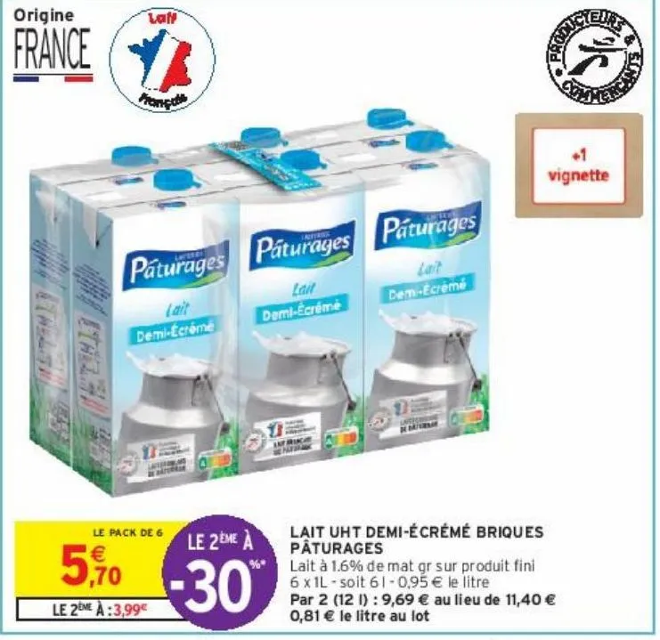 lait uht demi-écrémé briques pâturages