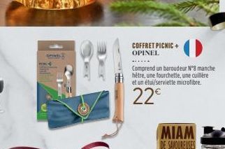 GAINE  COFFRET PICNIC + OPINEL  Comprend un baroudeur Nº8 manche hétre, une fourchette, une cuillère et un étui/serviette microfibre.  22€ 