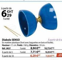 à partir de EHT  l'unité  Diabolo SENSO  En matière plastique (livré avec baguettes en bois et ficelle). Hauteur: 11 cm Poids: 160 g. Diamètre : 10 cm. Ref.JN37  8,94 €HT  7,71 €HT  À partir de 5 A pa