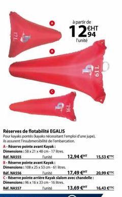 171  Réserves de flotabilité EGALIS  Pour kayaks pontés (kayaks nécessitant l'emploi d'une jupe). ils assurent l'insubmersibilité de l'embarcation.  A-Réserve pointe avant Kayak: Dimensions: 58 x 21 x