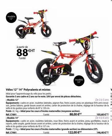 modele 12"  à partir de  88€HT  l'unité  modèle 14"  Vélos 12" 14" Polyvalents et mixtes  Idéal pour l'apprentissage du vélo pour les petits.  Garantie 5 ans cadre et 2 ans sur le reste. SAV par envoi