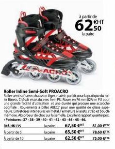 Ref. HK135 A partir de 5 partir de 10  ACES  Roller Inline Semi-Soft PROACRO  Roller semi-soft avec chausson léger et aéré, parfait pour la pratique du rol-ler fitness, Chassis vissé alu avec frein PU