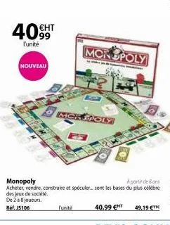 40  l'unité  €ht  nouveau  mck poly  l'unité  monopoly  monopoly  a partir de 8 ans acheter, vendre, construire et spéculer... sont les bases du plus célébre des jeux de société. de 2 à 8 joueurs.  re