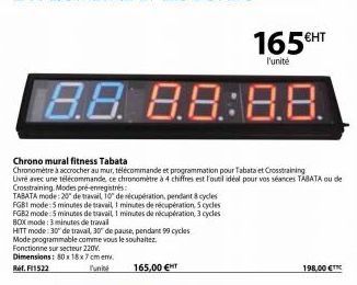 8.8 8.8:8.8.  Chrono mural fitness Tabata  Chronométre à accrocher au mur, télécommande et programmation pour Tabata et Crosstraining Uvre avec une télécommande, ce chronomètre à 4 chiffres est l'outi