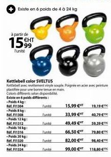 à partir de  1599  l'unité  88 388  Kettlebell color SVELTUS  Kettlebell avec revêtement vinyle souple. Poignée en acier avec peinture plastifiée pour une bonne tenue en main  Coloris différents selon