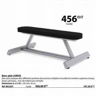 banc plat laroq  banc pour pratiquer dans différentes positions des exercices multiples et travailler les membres supérieurs (triceps biceps, pectoraux, avec des haltères par exemple)  dimensions (lxl