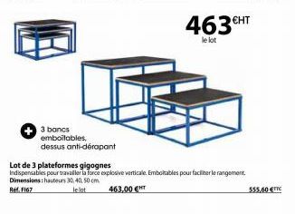 3 bancs  emboilables,  dessus anti-dérapant  Lot de 3 plateformes gigognes  Indispensables pour travailler la force explosive verticale. Emboltables pour faciliter le rangement. Dimensions: hauteurs 3