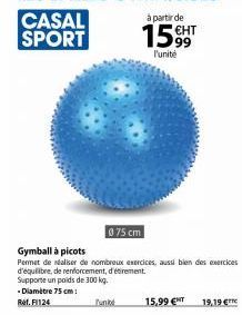 CASAL SPORT  075 cm  Gymball à picots  Permet de réaliser de nombreux exercices, aussi bien des exercices d'équilibre, de renforcement, d'étirement. Supporte un poids de 300 kg.  Diamètre 75 cm: Ref.1