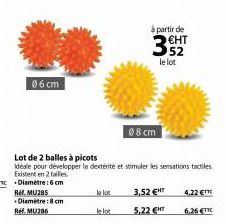 06 cm  Lot de 2 balles à picots  idéale pour développer la dextérité et stimuler les sensations tactiles Existent en 2 tailles. TCDiamètre: 6 cm Ref. MU285 .Diamètre: 8 cm Ref. MU286  à partir de  352