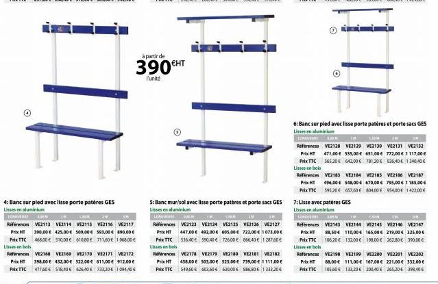 4: Banc sur pied avec lisse porte patères GES Lisses en aluminium  LONGUEURS SEM  390,00 € 468,00 €  Références VE2113 VE2114 VE2115 VE2116 VE2117 Prix HT 425,00 € 509,00 593,00€ 890,00 € Prix TTC $10