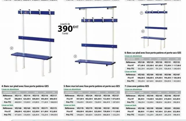 4: banc sur pied avec lisse porte patères ges lisses en aluminium  longueurs sem  390,00 € 468,00 €  références ve2113 ve2114 ve2115 ve2116 ve2117 prix ht 425,00 € 509,00 593,00€ 890,00 € prix ttc $10